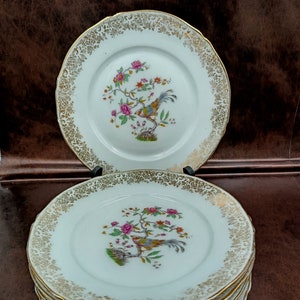6 vintage French dessert plates, Limoges porcelain, France bird of paradise on a flowering branch