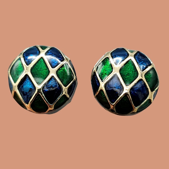EAR CLIPS clips in gold metal round enamel green blue