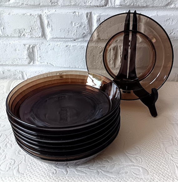 8 vintage smoked glass soup plates from Véréco France