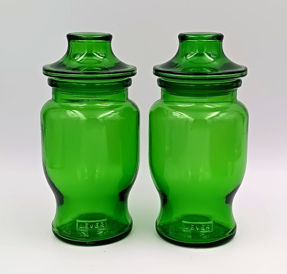 Pair green glass POT, pot with airtight pagoda cap, lever