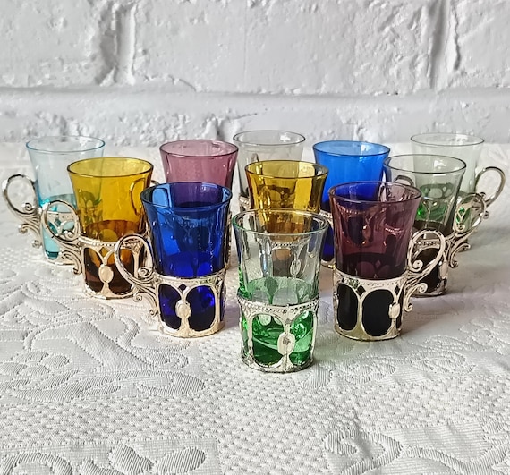 11 VERRES à liqueur anciens en cristal multicolores vintage