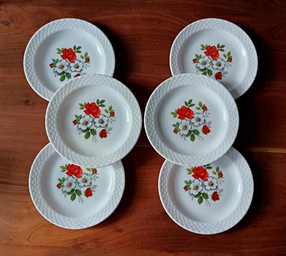 6 Arcopal French opaline dessert plates with red rose motif