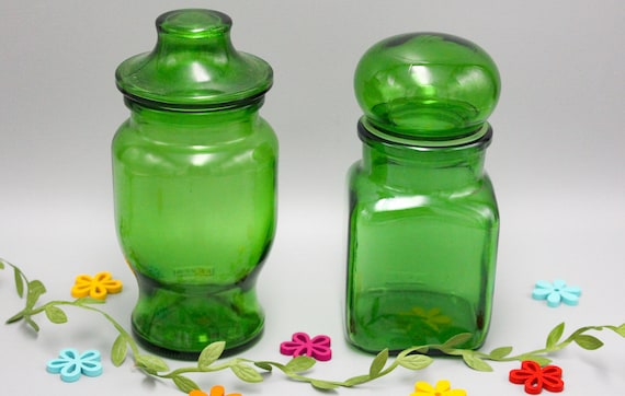2 vintage green JARS, LEVER, ARIEL, Old bottles, Apothecary emerald green glass pots