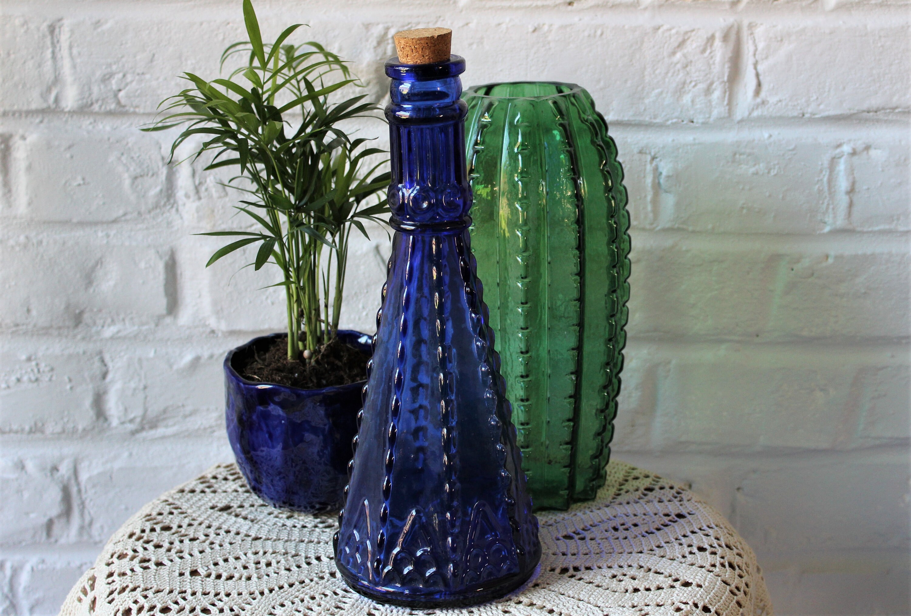 Magnifique Bouteille Bleu Cobalt Vintage, Carafe Ancienne Bouchon Liège