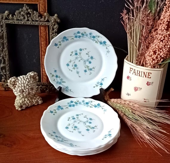 6 Arcopal French opaline dessert plates with forget-me-not motif