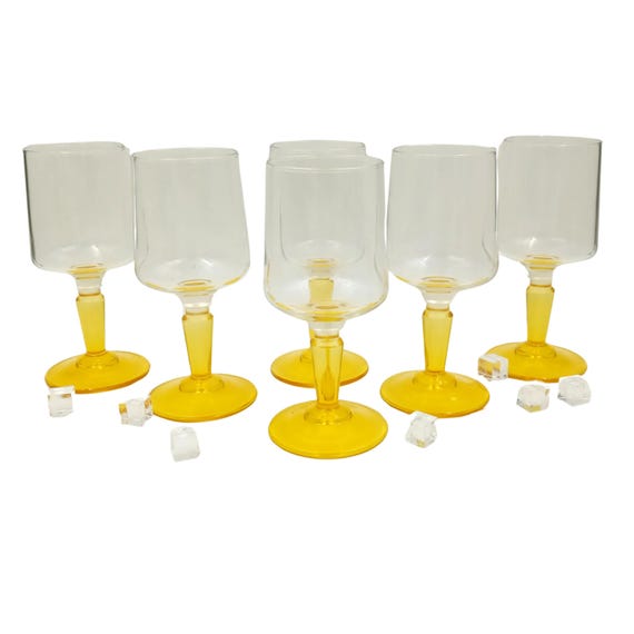 6 vintage GLASSES in transparent glass and yellow foot, ARC FRANCE