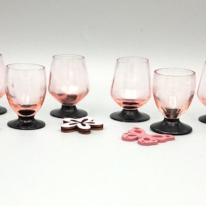 6 French pink liqueur GLASSES with black base Vintage France