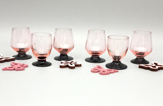 6 French pink liqueur GLASSES with black base Vintage France
