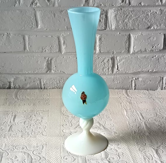 Large decorative retro vase with blue opaline foot, vintage Italian vase