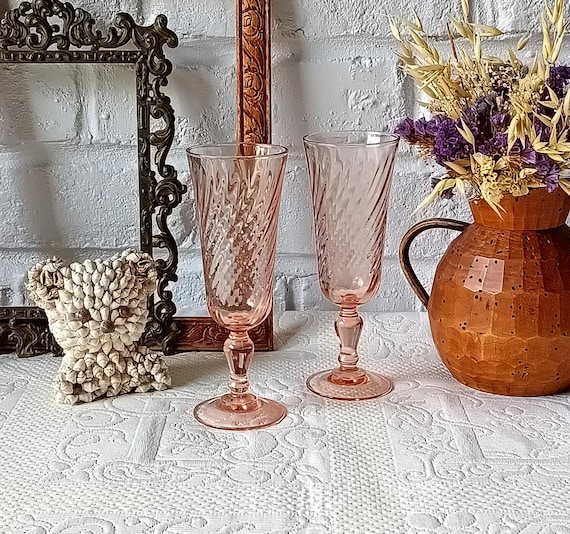 2 vintage pink champagne flutes