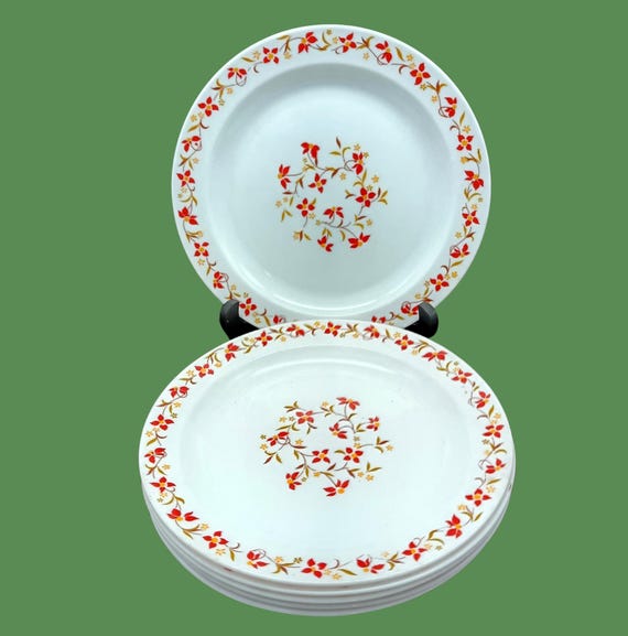 6 flat plates arcopal vintage orange flowers