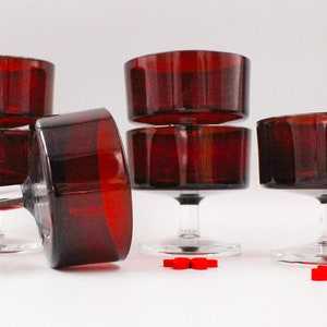 6 RUBY RED FOOTED CUPS, Cavalier Luminarc France, vintage 70s