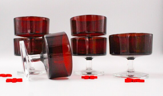 6 RUBY RED FOOTED CUPS, Cavalier Luminarc France, vintage 70s