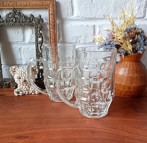 Set of 2 vintage beer mugs in thick, honeycomb-patterned glass