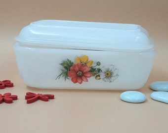 BEURRIER en verre de lait motif Anémones ARCOPAL 1970, rétro, vintage, opaline