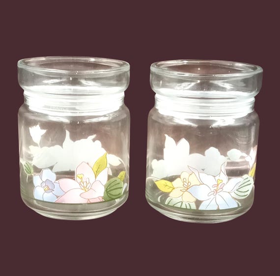 Set of 2 Luminarc France glass jars with vintage floral pattern