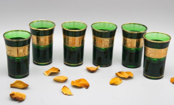 6 vintage green and gold liquor GLASSES
