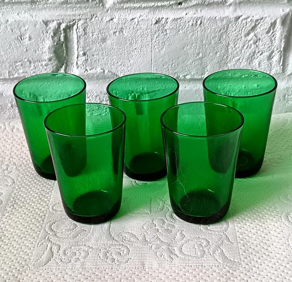 5 VERRES 15 cl Rétro vert émeraude verre trempé France
