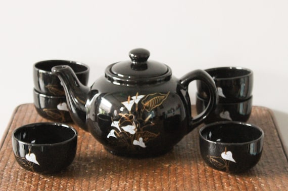 Asian tea set in black ceramic with floral pattern, 1980s