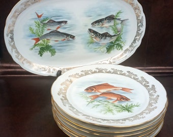 DISH and 6 vintage flat PLATES fish decor, French porcelain, Royaldécor Sicacyse