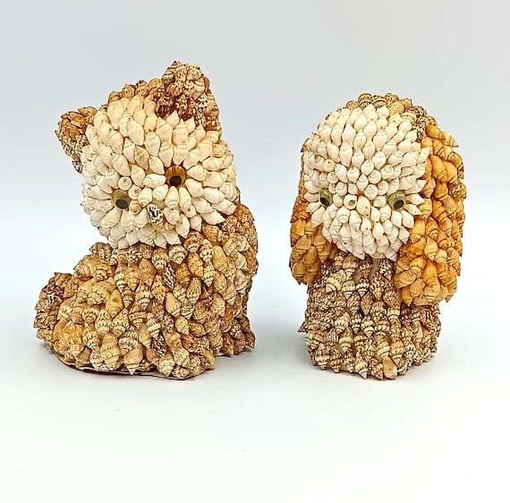 Duo antique shell FIGURINES, coastal souvenir of French shell art
