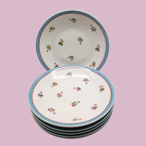 7 vintage porcelain hollow plates with multicolored flower pattern, France