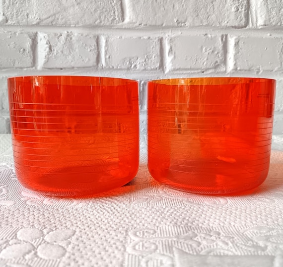 2 large vintage orange colored glass candle holders, made in France by Mikasa, mouth-blown
