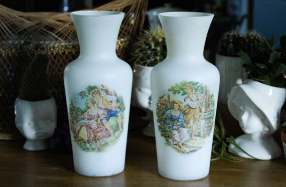 Pair VASES in opaque white glass medallion gallant scene François Boucher