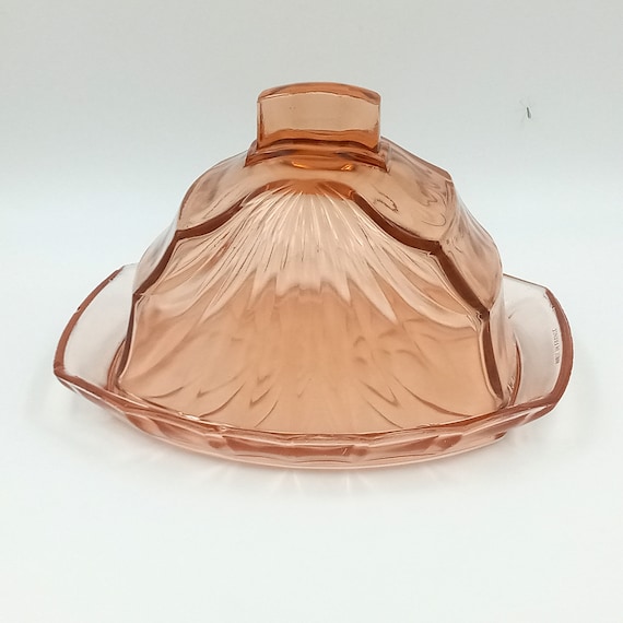 Pink glass dish with bell, vintage pressed glass dish, with chips