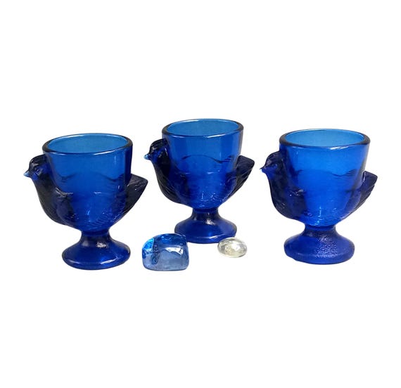 VINTAGE French EGG CUPS cobalt blue glass chicken shape