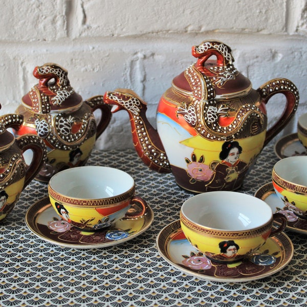 Asian TEA SERVICE in ceramic and rattan floral pattern 1970, Japanese Dragons Tea Service, Geisha Lithophanie