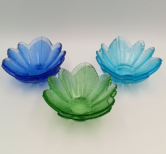 6 vintage colored glass flower bowls in green, blue, and turquoise by Afibel
