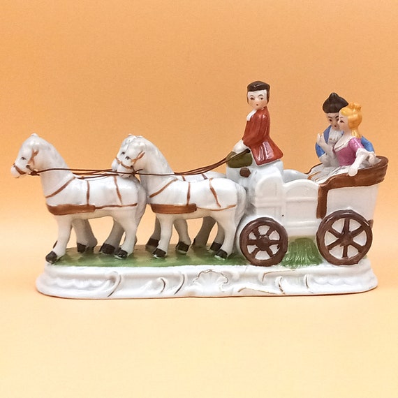 PORCELAIN FIGURINE, Carriage pulled by 4 horses, vintage porcelain statuette