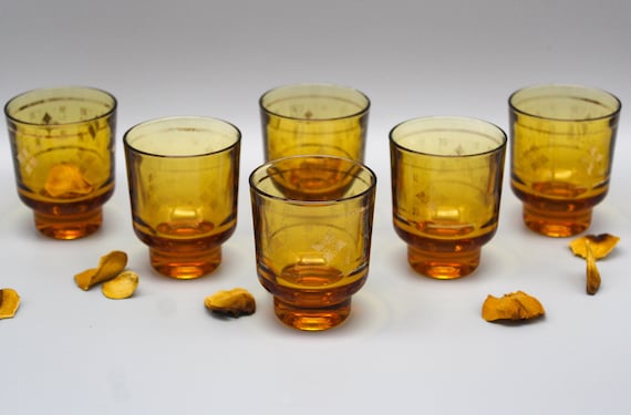 6 amber-yellow liqueur glasses, thick glass