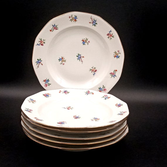 6 hollow porcelain PLATES with vintage multicolored flower pattern, Masset & Surget Berry France