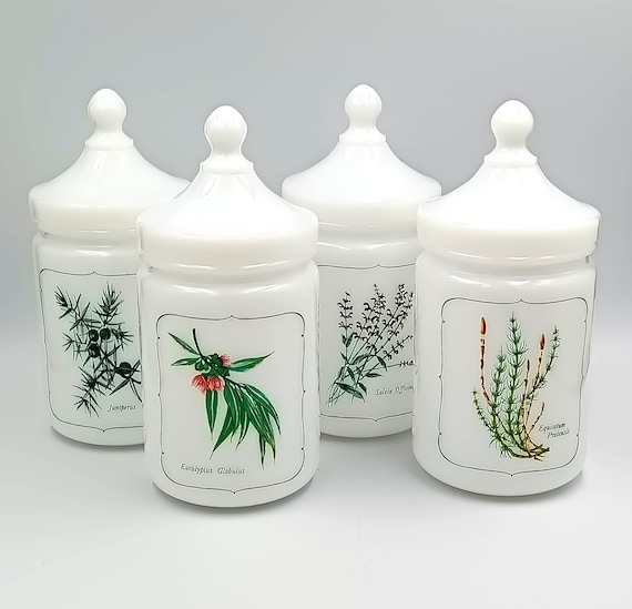 Set of 4 POTS in white OPALINE, vintage apothecary pot