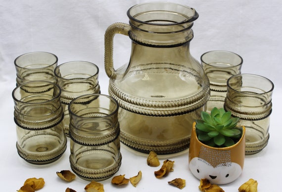 Vintage ORANGEADE smoked glass SERVICE, 6 glasses and pitcher, FIDENZA 1960, Italy