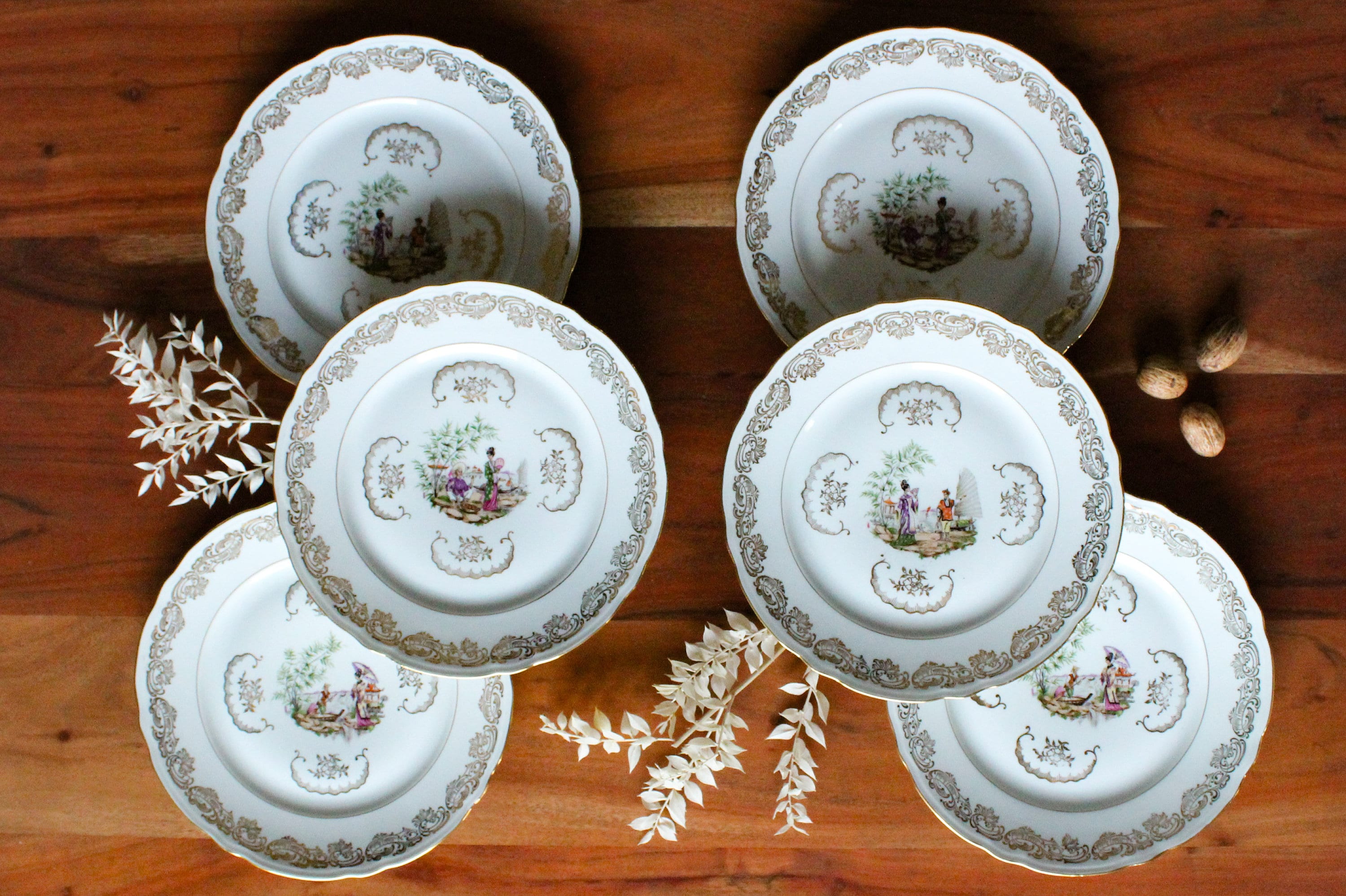 6 Assiettes Plates Porcelaine Motif Scène Asiatique, Vintage, Berry Haute Compagnie Nationale Porcel