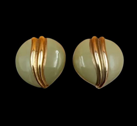 Vintage 80s almond green enameled gold EAR CLIPS