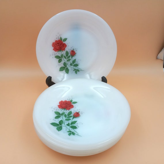6 French opaline hollow PLATES luminarc red rose pattern, 1960s