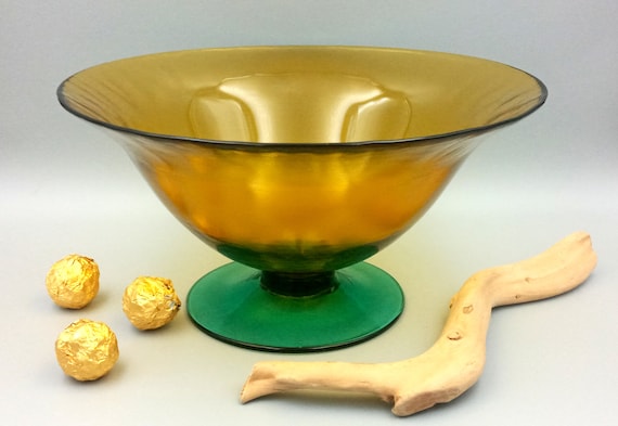 Large footed CUP, compote bowl, vintage pressed glass centerpiece, yellow and turquoise blue