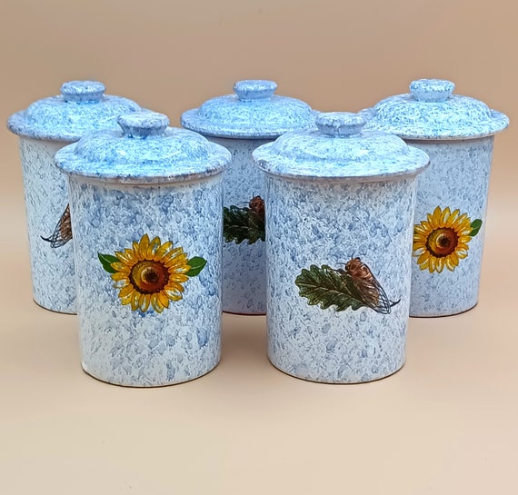 5 vintage food POTS in stoneware sunflower cicadas decor