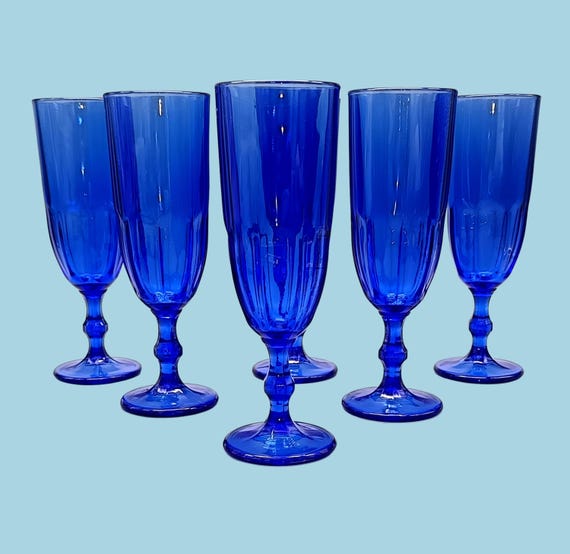 6 superb vintage cobalt blue glass stemmed FLUTES