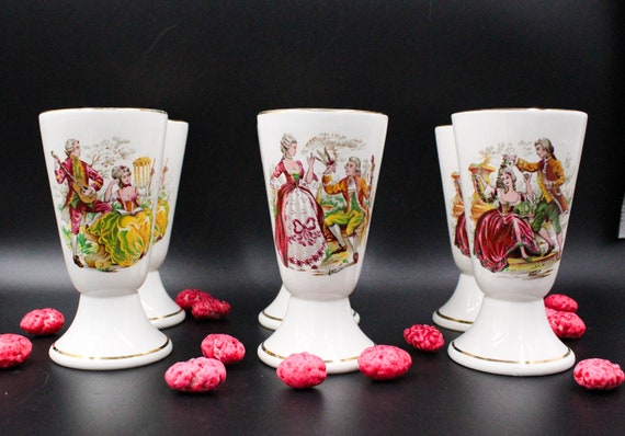 6 vintage white MAZAGRANS with gallant scene decor