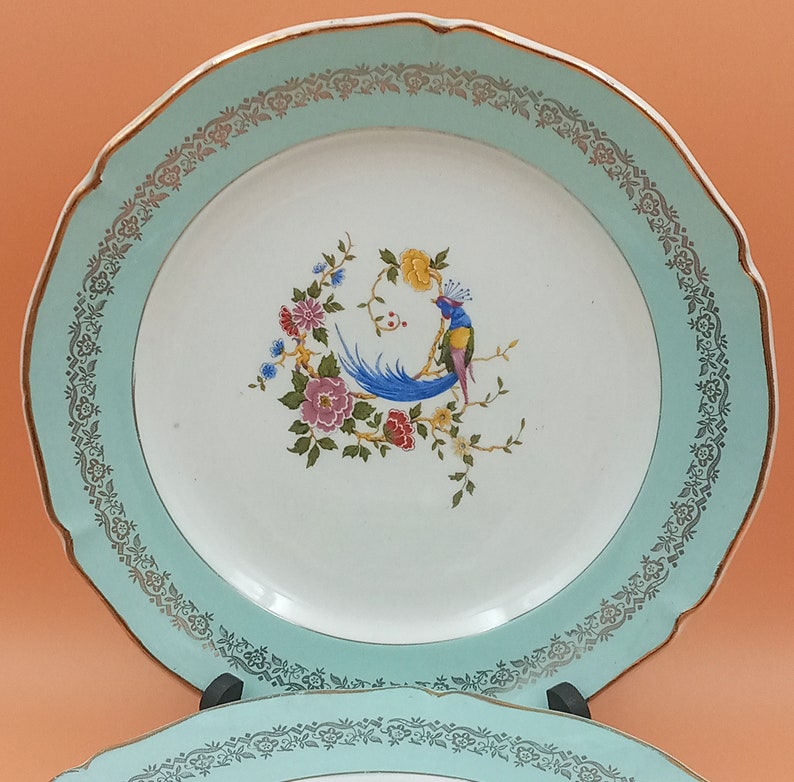 6 ASSIETTES plates françaises vintage, porcelaine Céranord Saint-Amand, Phoenix sur une branche fleurie image 2