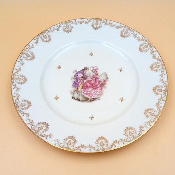 4 or 6 flat porcelain PLATES with gallant scene motif, Limoges LP porcelain, Haute Epoque model