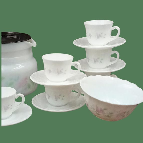 Coffee Jug Service, Vintage Arcopal Cups with Floral Motif