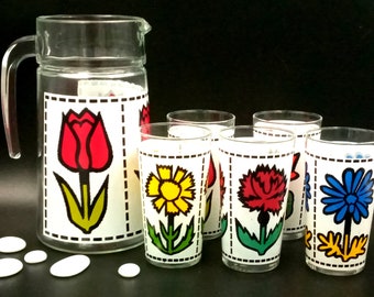 SERVICE à limonade Vintage, PICHET et 5 VERRES Luminarc motifs fleurs