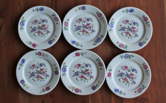 6 porcelain dessert PLATES bird and flower pattern pillivuyt, vintage ceramic tableware