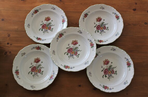 5 vintage French hollow PLATES, porcelain floral decor, Euro porcelain old colmar decor